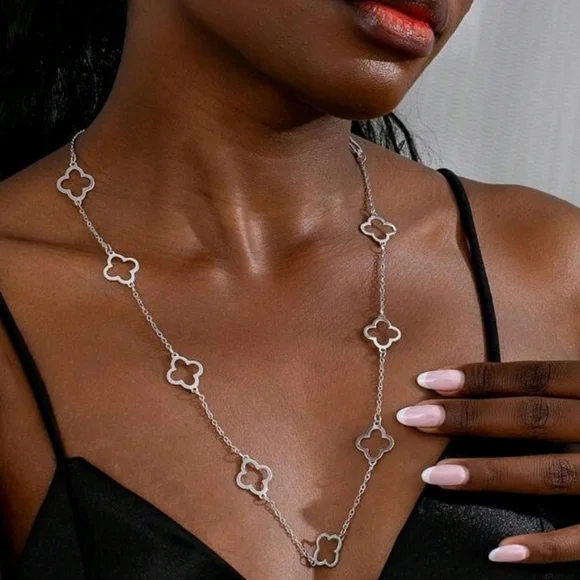 Four Leaf Clover Silver   Long  Necklace - Picture 2 of 4